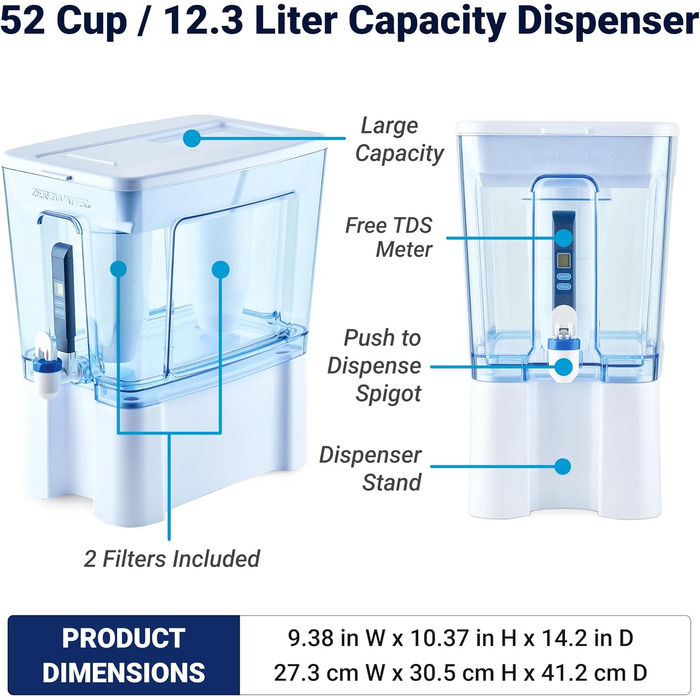 Дозатор фільтра для води з миттєвим зчитуванням ZeroWater, 12,3 л, 5-ступеневий диспенсер для фільтра для води з миттєвим зчитуванням, 0 TDS, сертифікований IAPMO для зменшення вмісту свинцю, хрому та PFOA/PFOS