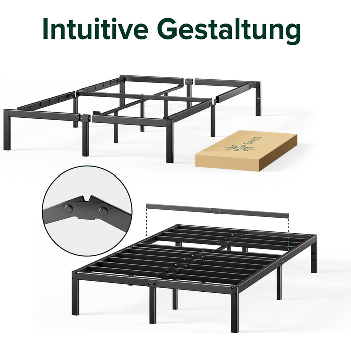 Каркас ліжка Zinus Elias 140x200 см - Металеве ліжко 140x200 з металевою рейковою основою - Платформа заввишки 36 см з простором під нею - Не потрібна пружинна основа - Легке складання - Чорний