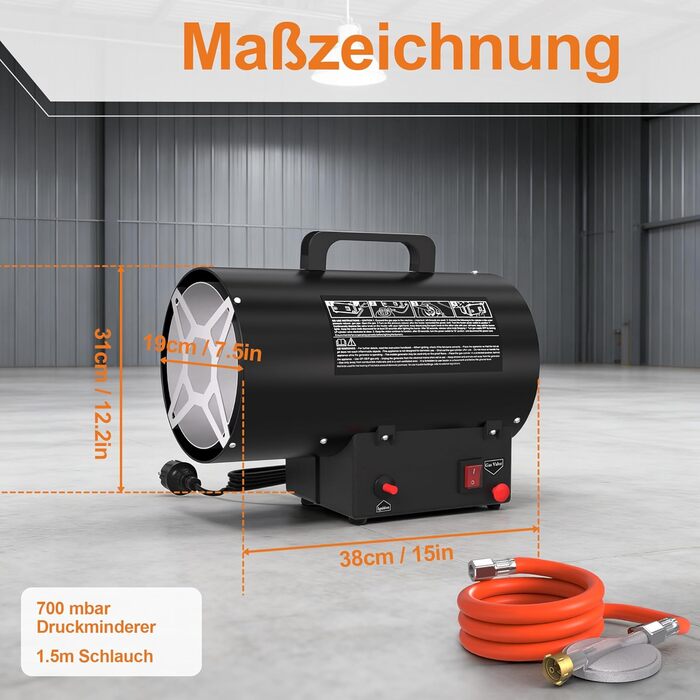 Газовий обігрівач на пропані потужністю 10 кВт для використання всередині приміщень, газовий вентилятор-обігрівач з редукційним клапаном 700 мбар, продуктивністю 320 м/год, газовий радіаційний обігрівач для будівельних майданчиків, вентильованих складськи