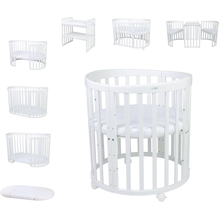 Дитяче ліжко Waldin Oval, комплект трансформованого 7-в-1, ліжечко, дитяче ліжко з матрацом, пеленальний столик, приліжкове ліжечко, дерево білого кольору, комплект тканини не входить до комплекту