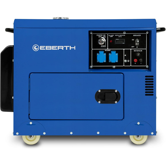 Дизельний аварійний генератор EBERTH потужністю 5000 Вт, дизельний двигун 10 к.с., 4-тактний, електричний запуск, 2 шт. 230 В, 12 В, автоматичний регулятор напруги (AVR), портативний генератор, корпус, ручки, колеса, 1 фаза