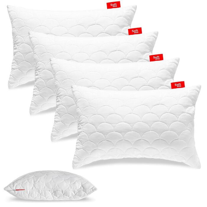 Комплект із 4 стьобаних преміум-подушок, 50x60 см, SOFTIMI - Антиалергічні - Проти кліщів - Без запаху, готові до використання - Регульована жорсткість (Комплект із 4 шт., 50x60 см)