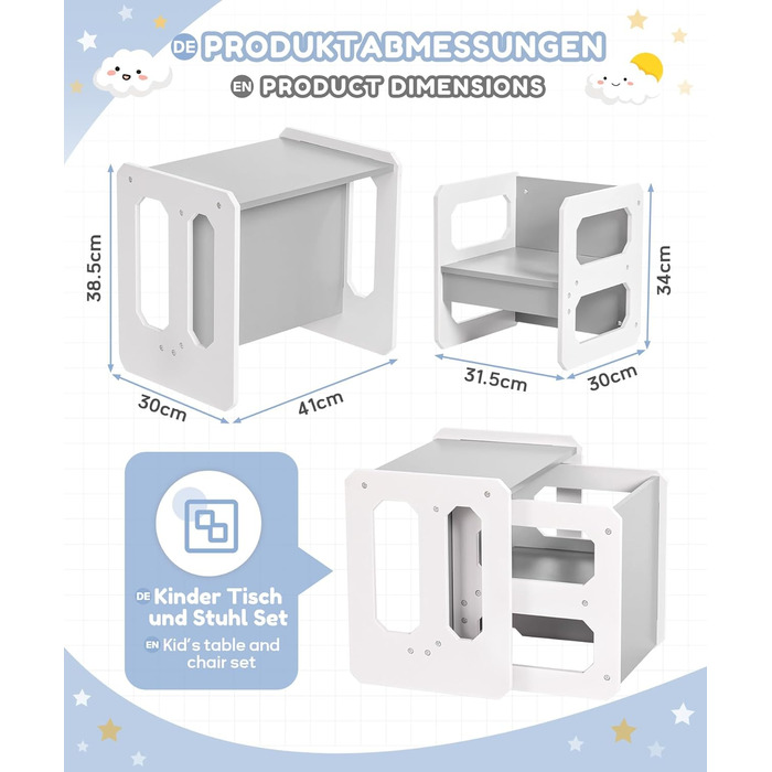 Комплект столу та стільців Yorbay для дітей, Дитячий стіл з 1 стільцем, Дитячий комплект сидіння 3 в 1 - Двосторонній стілець та дитяча лавка, що трансформується в робочу станцію, Дитячі меблі (Сірий, M) Сірий середній