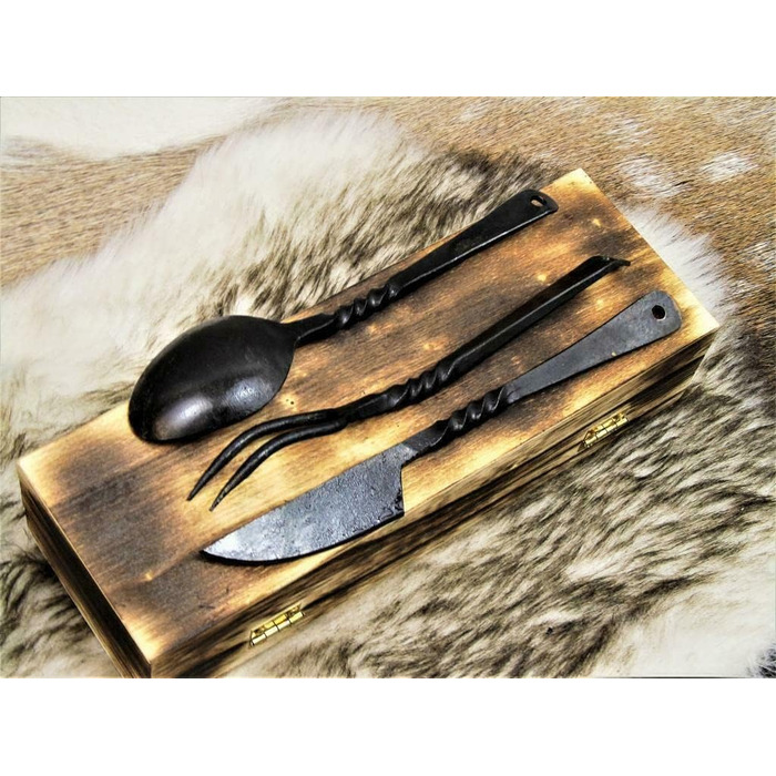 Середньовічний набір столових приборів, кована сталь ручної роботи, ніж, виделка, ложка 4261