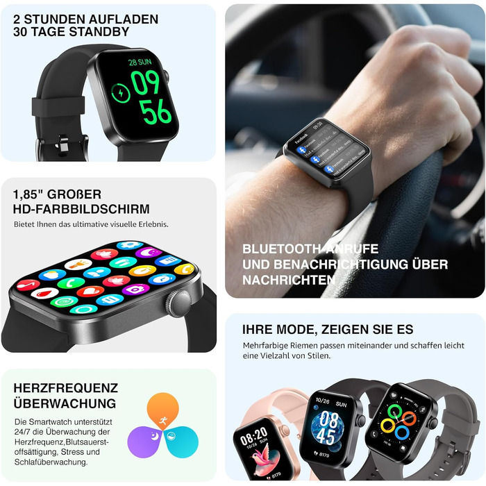 Розумний годинник для чоловіків та жінок, HD-дисплей 1,85 дюйма, розумний годинник з функцією телефону, понад 140 спортивних режимів, фітнес-трекер з крокометром, подарунок на День святого Валентина для нього/неї, водонепроникний IP68 для iOS та Android, 