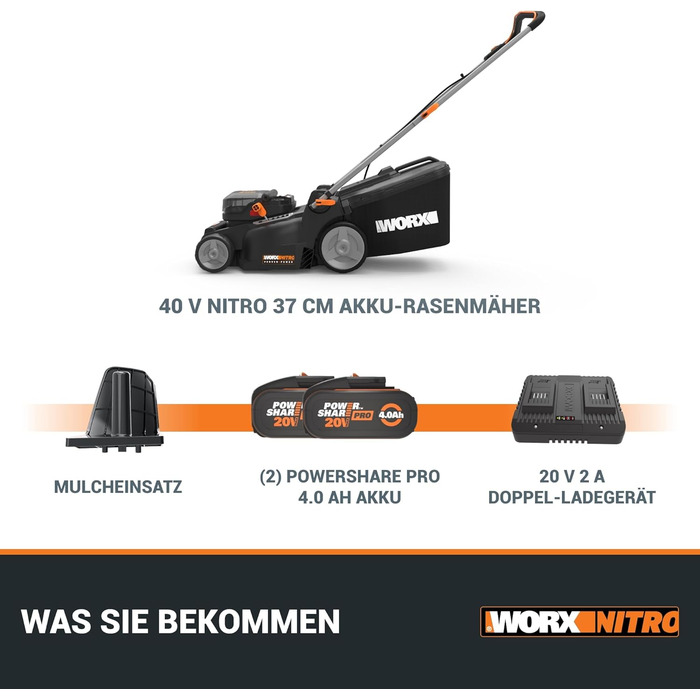 Акумуляторна газонокосарка WORX WG737E Nitro 40В (2х20В) - потужний безщітковий двигун - ширина зрізу 37см - 6 налаштувань висоти зрізу (20-70мм) - травозбірник на 40л - в комплекті батареї 2х4Ач та подвійний зарядний пристрій