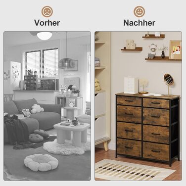 Комод WOLTU з 8 тканинними шухлядами, міцний металевий каркас, вінтажний дизайн, для спальні, вітальні, коридору, дитячої кімнати, 86x30x89 см, вінтажний коричневий чорний, SSK006hov Вінтажний коричневий чорний 8 тканинних шухляд