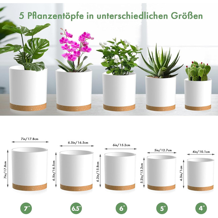 Набір з 5 квіткових горщиків з блюдцями, 17,8/15,2/14/12,7/10,2 см, пластикові кашпо, гідропонні горщики, набір квіткових горщиків, ідеально підходить для кімнатних та балконних садів, білий з коричневим підносом 765,554 дюймів (5 шт.) білий, коричневий п