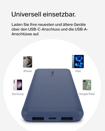 МАг, 1 порт USB-C і 2 порти USB-A для зарядки iPhone, AirPods, iPad, Android або інших пристроїв потужністю до 15 Вт) - синій, 10 000