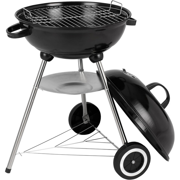 Вугільний гриль діаметром 41,5 см з кришкою, хромованим решіткою та попільником компактний круглий гриль з полицею, колесами та висотою робочої поверхні 58,5 см для саду та балкону