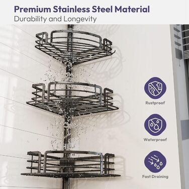 Кутова полиця для душу без свердління, телескопічна, регульована по висоті. Тримач для шампуню з 4 кошиками, нержавіюча сталь (70-267 см, чорний). Чорна 4-кошикова телескопічна полиця.