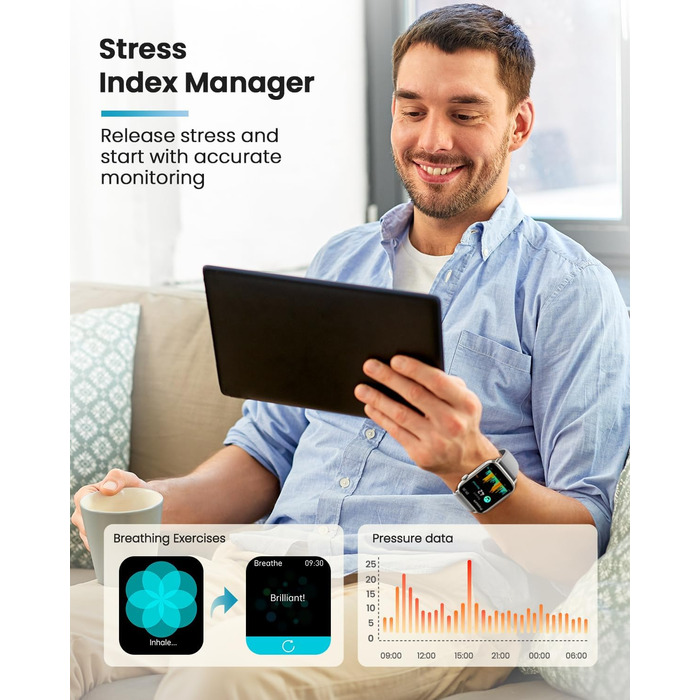 Розумний годинник для чоловіків та жінок з монітором/ЕКГ/ВСР/фітнес-годинник 1,83 дюйма з 24-годинним вимірюванням серцевого ритму/артеріального тиску/SpO2/сну/екстреного виклику SOS, понад 145 спортивних режимів, фітнес-годинник, крокомір, iOS, Android, 