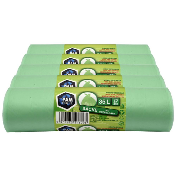 Мішки для біовідходів 35 л - 100 шт. - Компостовані сміттєві мішки - 5 рулонів - Біологічні, стійкі до розривів мішки для органічних відходів, контейнерів для залишкових відходів, кухні, офісу, вітальні