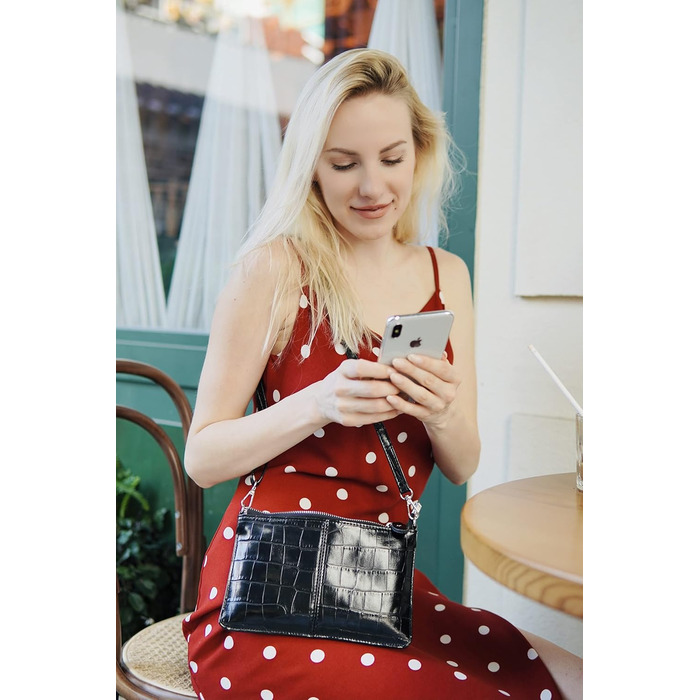 Стильна жіноча сумка-клатч на зап'ястя з натуральної шкіри Befen. Невеликий кросбоді з RFID-захистом та відділеннями для карток, чорний колір, імітація шкіри крокодила