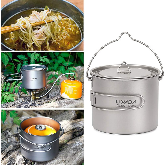 Титанова чашка Lixa-da з кришкою та складною лопаткою, 750 мл/900 мл/1100 мл, легкий посуд для пікніка, для кемпінгу, походів, пікніків на свіжому повітрі, 128 г C-1100 мл