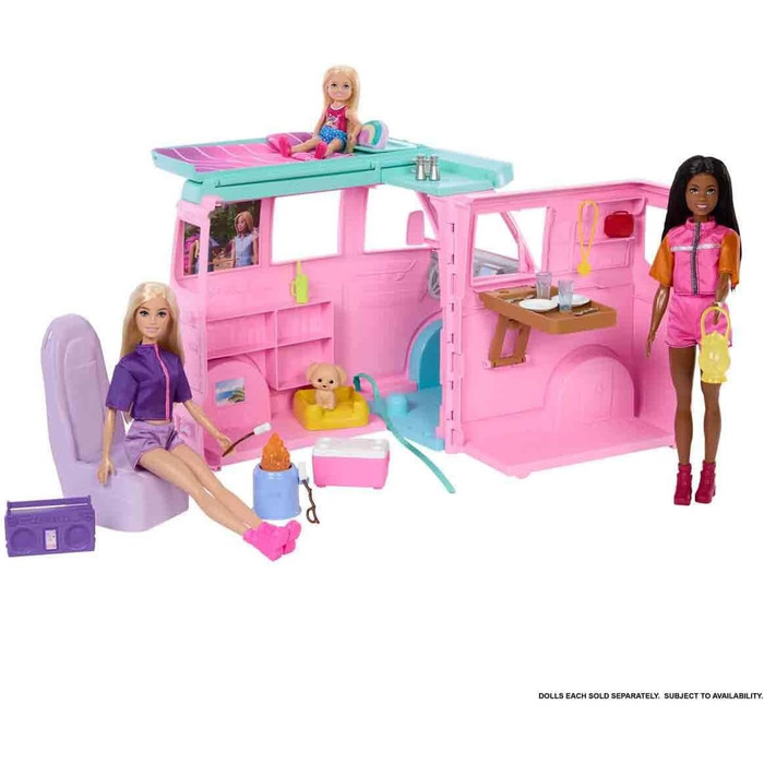 Ігровий набір Barbie Dreamland Road Adventure кемпер з 4 ігровими зонами, кухнею, ліжком, багаттям, собакою та 20 аксесуарами, JMK45