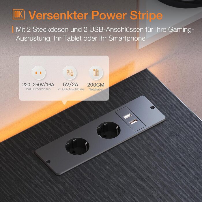 Ігровий стіл ODK L-подібної форми, 120x80 см L-подібний стіл з двосторонньою полицею, кутовий стіл із портом зарядки USB та розеткою, кутовий стіл із підставкою для монітора для офісу, домашній офіс, чорний 120x80 см