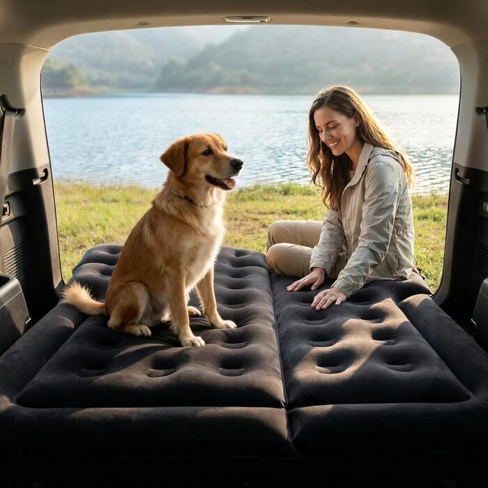 Портативний автомобільний матрац для позашляховиків, автомобільний надувний матрац з насосом та 2 подушками, флокований автомобільний надувний матрац для подорожей, кемпінгу, активного відпочинку в приміщенні та на свіжому повітрі, чорний