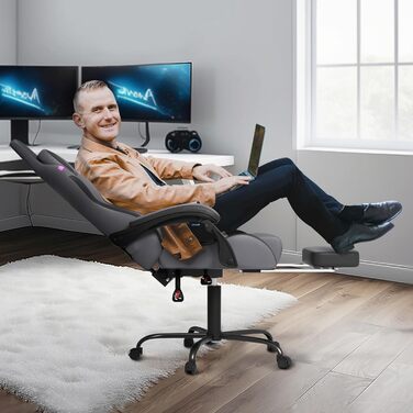 Ергономічне ігрове крісло UISEBRT з масажем та підставкою для ніг, зручне ігрове крісло, регульована спинка, підголівник та масажна поперекова подушка - сірий, чорний та фіолетовий