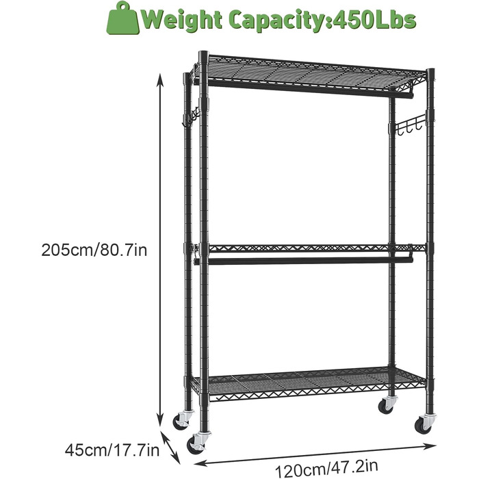 Вішалка для одягу на колесах, штанга для одягу, міцна металева вішалка для одягу, шафа з 3 шт. ангами для одягу та полицею, гачки (чорна, 45 Г x 120 Ш x 205 В) 45 Г x 120 Ш x 205 В Чорний