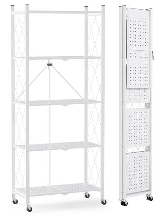 Складана полиця ALANNG на колесах - Окремостояча полиця з 5 полицями, Металева книжкова полиця - Міцна та без складання - Для кухні, вітальні, підвалу, офісу - Біла 154 x 62 x 29,5 см