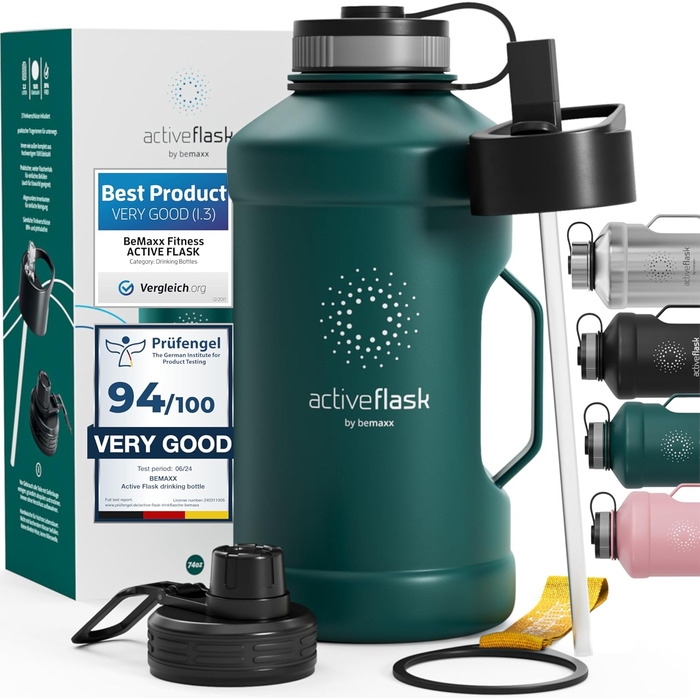 Пляшка для пиття BeMaxx з нержавіючої сталі ACTIVE FLASK соломинка (3 кришки) Велика спортивна пляшка об'ємом 2,2 літра без бісфен