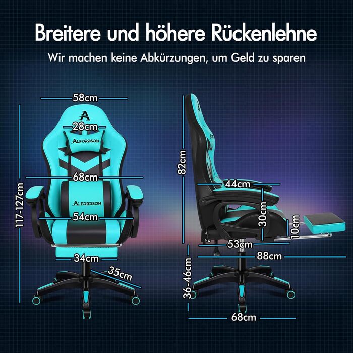 Ігрове крісло ALFORDSON, світлодіодне гоночне ігрове крісло з 12-кольоровим RGB-підсвічуванням, масажне ігрове крісло з поперековою опорою, підставкою для ніг, матеріал PU, блакитний колір Marc - серія Cyan Marc