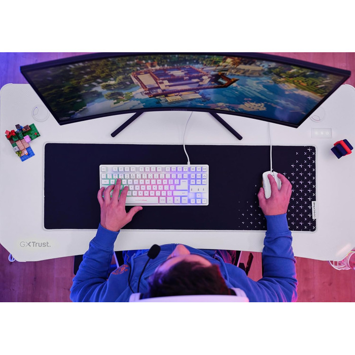 Ігровий стіл Trust Gaming GXT 709W Luminus RGB зі світлодіодним підсвічуванням, 10 режимами, живленням від USB, білий ігровий стіл з гарнітурою та підставкою для чашок, 120 x 60 см, комп&39ютерний стіл для офісу, геймерський 120 x 60 см - RGB білий