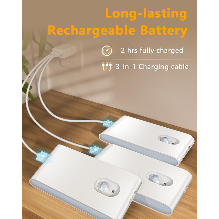 Нічник WILLED з датчиком руху, RGB та теплий білий, акумуляторний ліхтар для сходів з датчиком руху, світлодіодний нічник для дітей з 3 режимами, ліхтар з датчиком руху для сходів, коридору, спальні, кухні, ванної кімнати, білий, 4 шт.