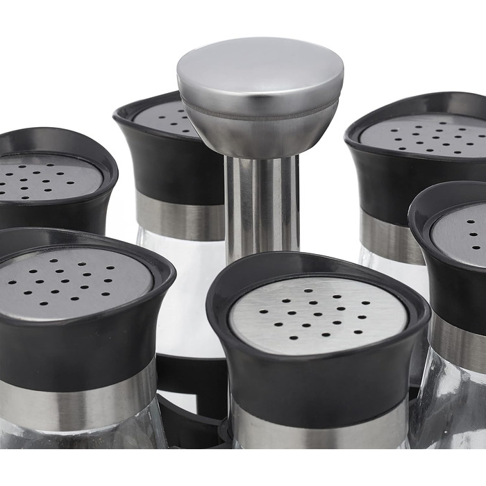 Карусель для спецій Relaxdays, 12 банок для спецій, обертається на 360, нержавіюча сталь, скло, ВxГ 31 x 18 см, підставка для спецій, сріблясто-чорна