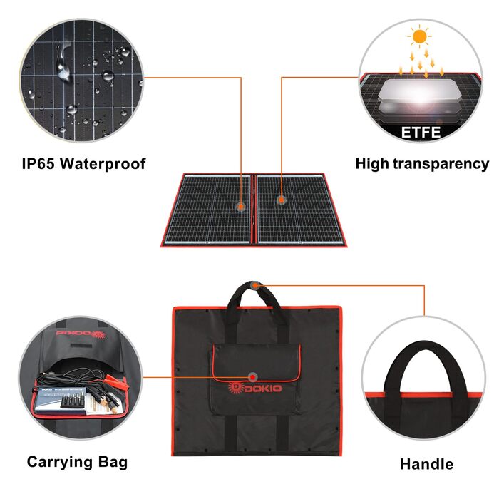 Складані сонячні панелі DOKIO потужністю 80 Вт, портативні монокристалічні сонячні модулі (вага 2,1 кг) з контролером сонячного заряду (РК-дисплей 2 USB-виходи), фотоелектричний кабель (3 метри), 5 адаптерів постійного струму