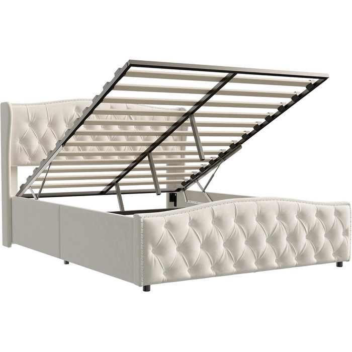 М&39яке ліжко 140x200 з місцем для зберігання, гідравлічне ліжко з місцем для зберігання, дитяче ліжко з узголів&39ям, каркас двоспального ліжка з ящиком для зберігання та рейковою основою, без матраца, оксамит (Бежевий 2, 140 x 200 см) Бежевий 2 140 x 20