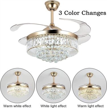 Безшумний стельовий вентилятор Кришталевий стельовий вентилятор з підсвічуванням Регульований, безшумний вентилятор з 6 швидкостям