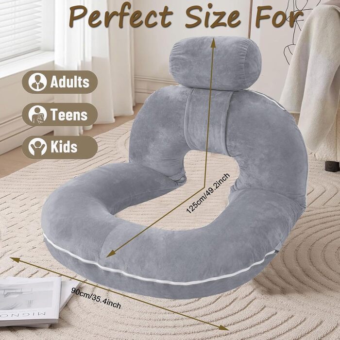 Подушка для читання для ліжка та дивана, подушка для спини для читання зі знімним валиком для шиї, ергономічна подушка для спинки, комфортна подушка для дорослих, U-подібна подушка для вагітних для ліжка та дивана (сіра)