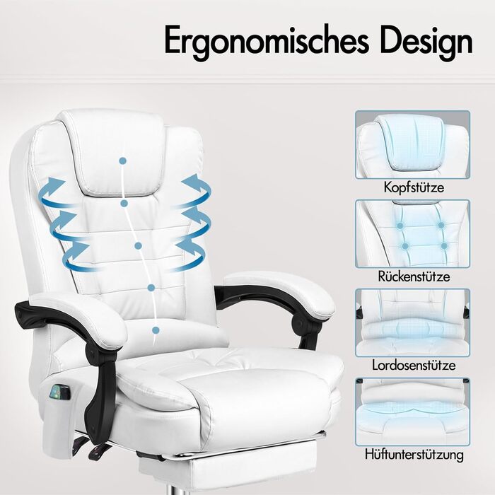 Офісне крісло ALFORDSON з ергономічною поперековою опорою, письмове крісло з підлокітниками та спинкою, обертове крісло з функцією масажу, матеріал PU, регульована висота, білий колір, штучна шкіра