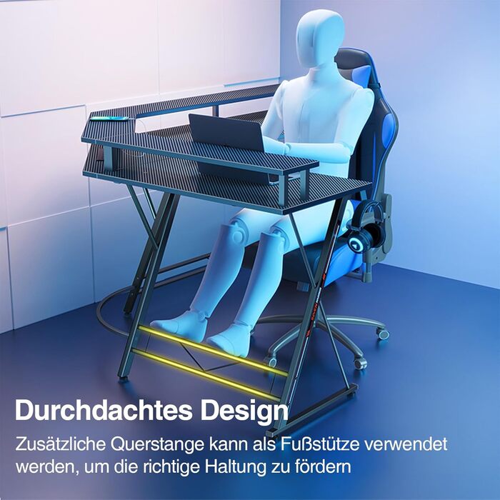 Ігровий стіл SEVEN WARRIOR L-подібної форми, ігровий стіл з розеткою, світлодіодне освітлення, підставка для монітора та 2 гачки, кутовий стіл з карбоновою поверхнею, комп&39ютерний стіл для спальні (127 x 127 см) 127 см