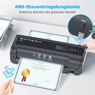 Ламінатор BONSEN A4 з технологією Never Jam, 60 пакетів для ламінування в комплекті (30 x A4, 15 x A5, 15 x A6), точний контроль температури NTC, швидке ламінування для дому, школи, офісу, ламінатор L3401 A4 60 пакетів для ламінування