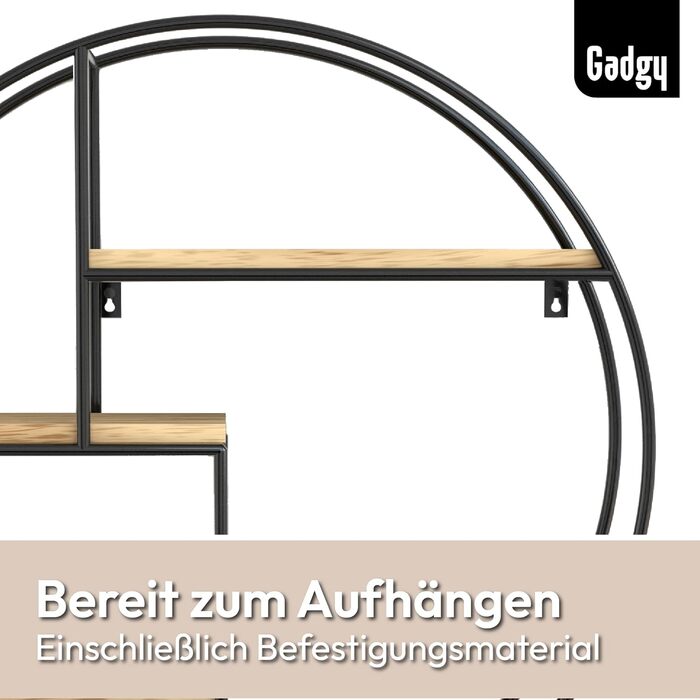 Настінна полиця Gadgy кругла - Настінна полиця з 4 полицями - Настінна полиця з дерева та звареного надтовстого металу - Оздобленн