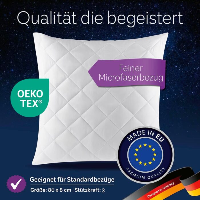 Стьобані подушки з мікрофібри 80x80 см Підходять для алергіків, сертифіковані Oeko-Tex, наповнювач з волокна, вага наповнювача 1000 г Можна прати в пральній машині при 95C 80x80 см (2 шт.), 7dreams 2 шт.