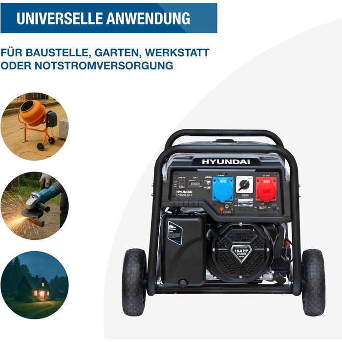 Бензиновий генератор HYUNDAI HY8500LEK-T, генератор 230 В та 400 В, максимальна потужність 10,3 кВА, двигун 16,3 к.с., електричний запуск, генератор для будівельного майданчика, аварійний генератор живлення