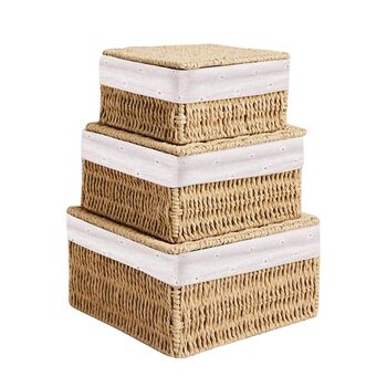 Набір кошиків із 3 предметів з кришками, плетені кошики для зберігання 3 розмірів, плетені кошики з паперової мотузки, підкладка для зберігання у ванних кімнатах, косметики, стільниць та шаф.