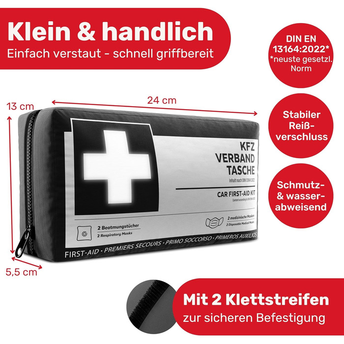 Автомобільна аптечка згідно з чинним стандартом 2024/2025, включаючи дихальні шторки - Автомобільна аптечка може використовуватися
