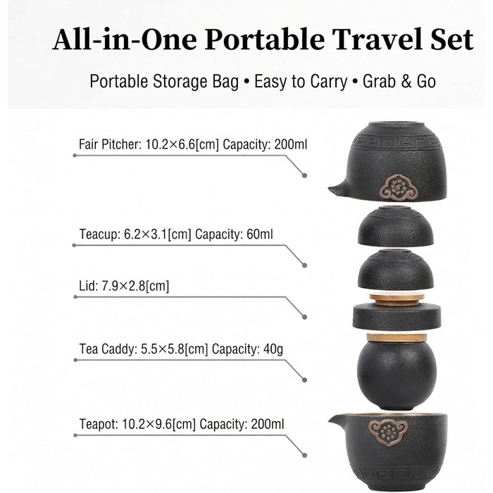 Китайський чайний набір Кунг-Фу, кераміка чайник, баночка для чаю, 2 чашки та зручна сумка для транспортування. Ідеально підходить для дому, офісу, пікніків та щоденного використання.
