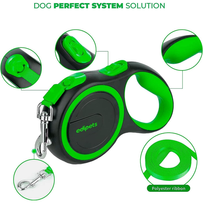 Поводок-рулетка Edipets для собак, розсувний, 3, 5 та 8 метрів, гнучкий ремінець для прогулянок (Зелений, 8 метрів)