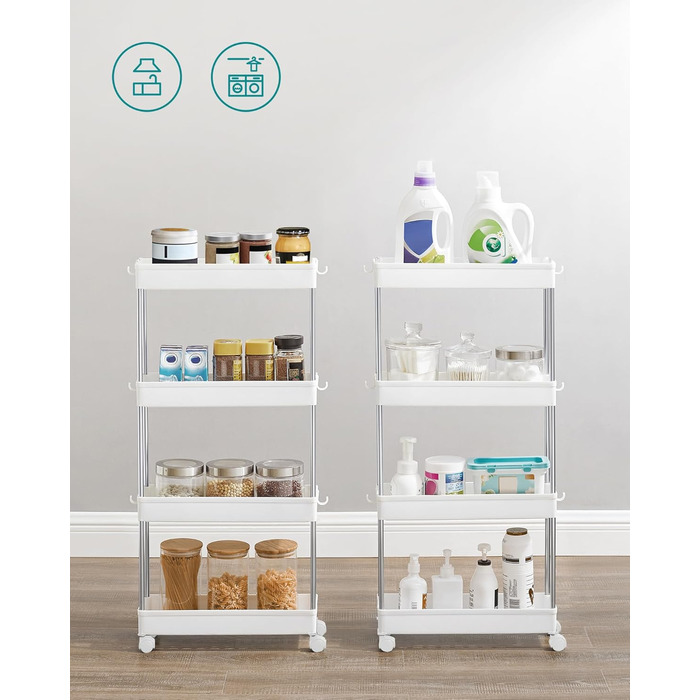 Візок, кухонний візок з 4 рівнями, кухонна полиця, полиця в нішу, з 6 гачками, поворотні колеса на 360, замикається, сталева рама,