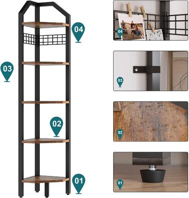 Кутова полиця YMYNY, книжкова полиця з 5 полицями, дротяна сітка, 28x28x180 см, полиця-драбина, полиця для рослин для вітальні, спальні, кухні, балкону, промисловий дизайн, вінтажна HBR006H