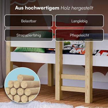 Дитяче ліжко Bellabino Aspy 90x200 см Двоярусне ліжко з поручнями та рейковою основою Ліжко середнього класу з драбиною з масиву сосни білого/натурального кольору Дитяче ліжко для хлопчиків та дівчаток без матраца білого кольору - Без шухляд