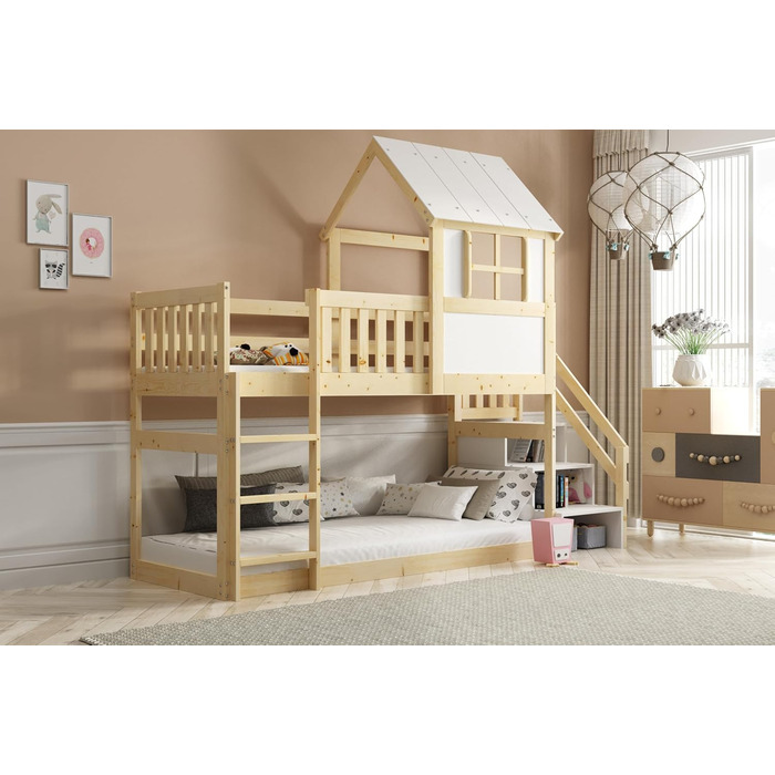 Ліжко-горище Interbeds 200x90 см з гіркою та сходами Двоярусне ліжко Дерев&39яне ліжко Дитяче ліжко з рейковою основою Ігрове ліжко (зі сходами)