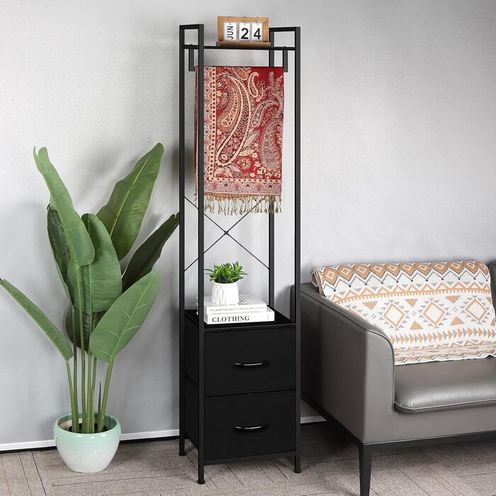 Чорна вішалка для одягу, міцна вішалка для одягу, окремостояча гардеробна стійка з шухлядою, мінімалістична вузька вішалка для одягу для дому, спальні, вітальні