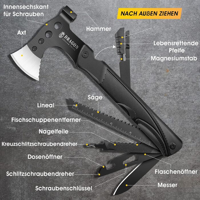 Сокира похідна DRAGON CREEK, багатофункціональний інструмент для виживання, компактна сокира з алюмінієвою ручкою 15 в 1 (молоток, пилка, ніж), міні-інструмент - подарунок для чоловіків